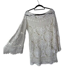 Miss June Paris White Crochet Tunic Dress sz 1 US S/M Cover up Bell Sleeve Boho